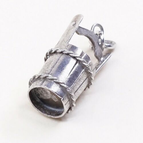 Vintage Sterling Silver Wooden Bucket Pendant, Solid 925 Silver Charm