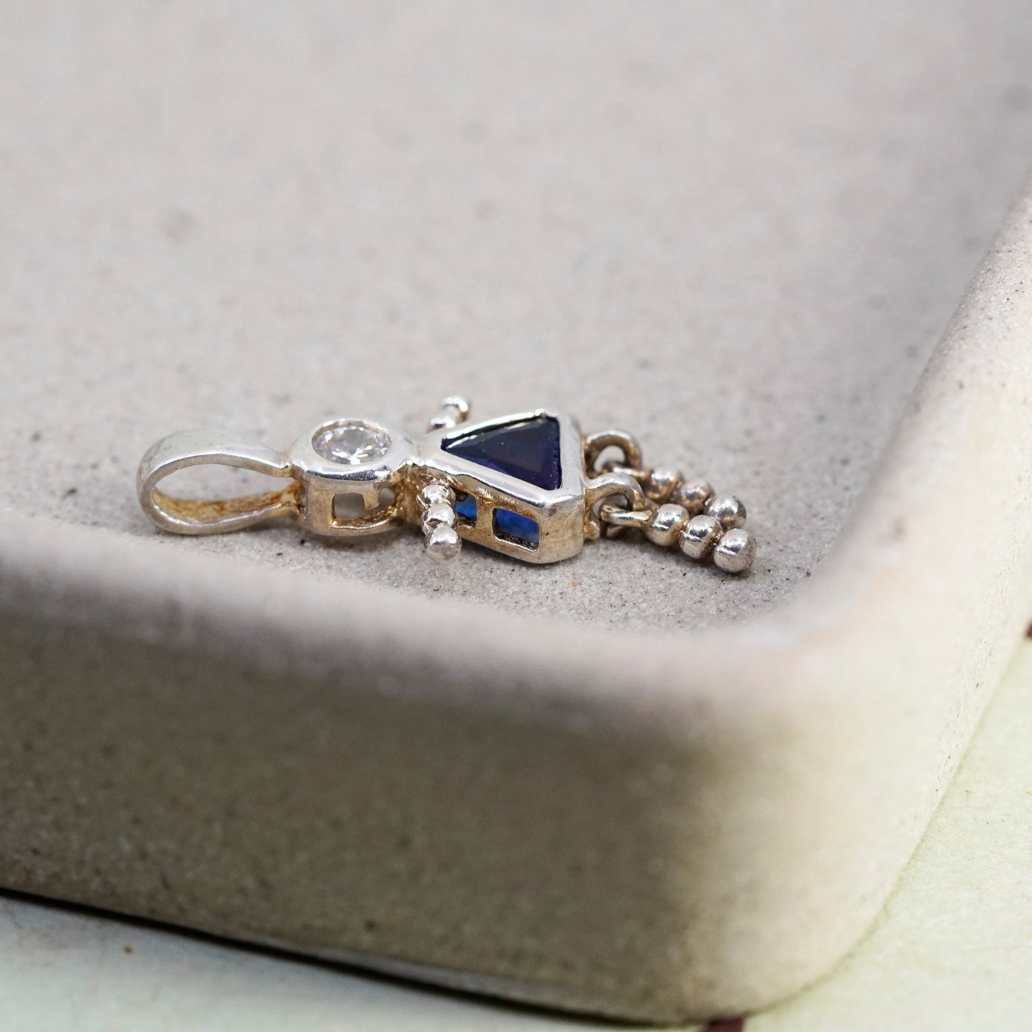 Vintage sterling silver birthstone pendant, girl figure charm with sapphire
