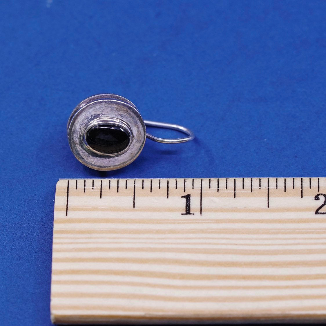 vtg Sterling silver handmade earrings, 925 w/ oval obsidian, stamped 925