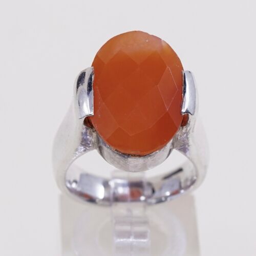 Sz 6.75, Vtg Sterling Silver Ring, 925 Statement Ring W/ Checker Cut Carnelian