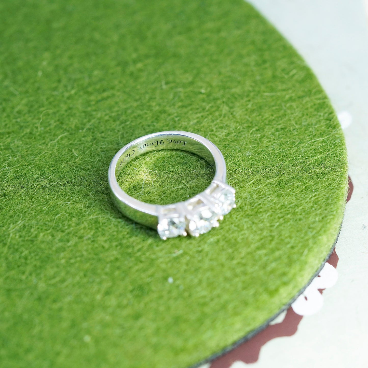 Size 6, sterling silver ring, 925 band with cz and engraved “love honor cherish