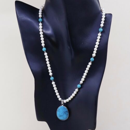 16”+2”, Vtg Sterling 925 silver handmade necklace W/ Pearl N Turquoise Pendant