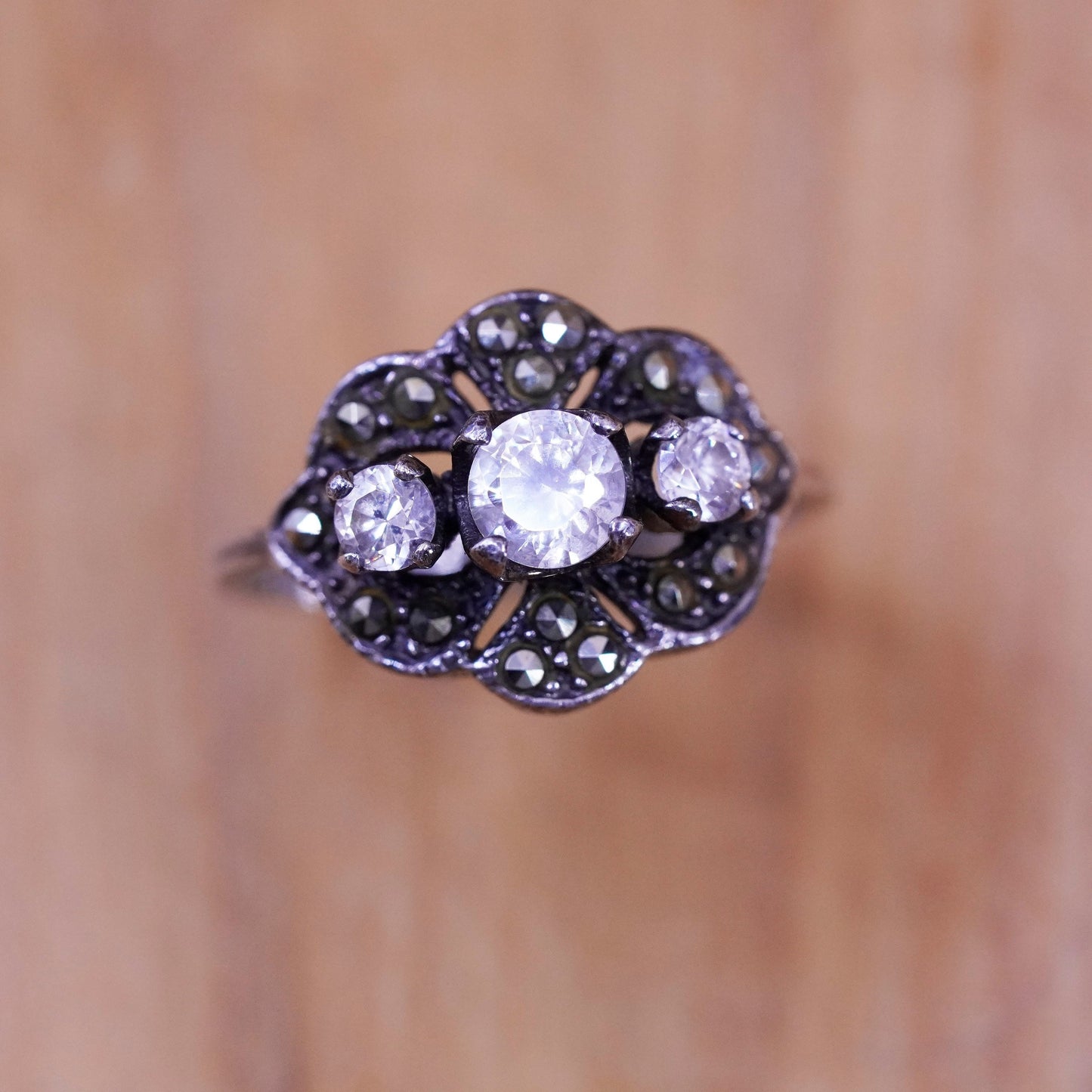Size 5.75, Sterling silver handmade ring, southwestern, 925 band marcasite Cz