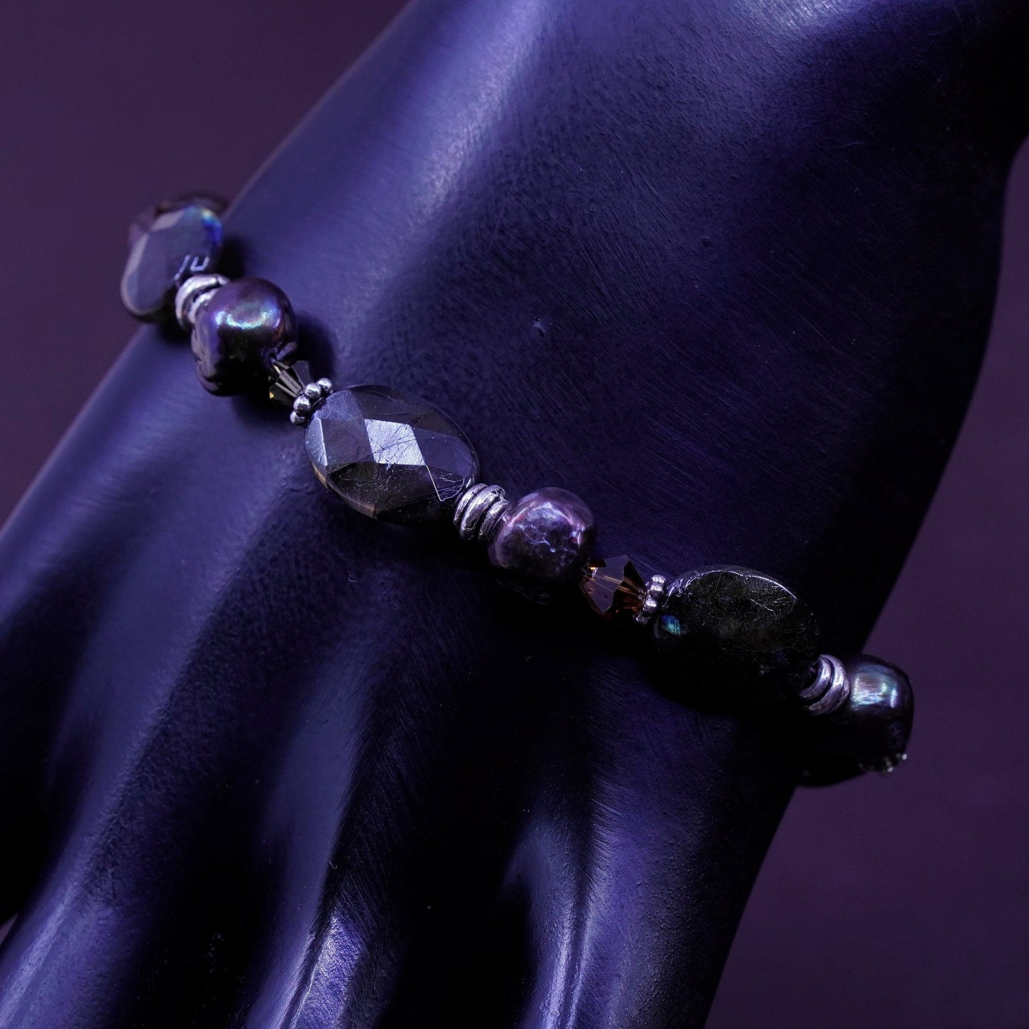 7.5”, vtg Sterling 925 silver handmade bracelet, labradorite pearl beads chain