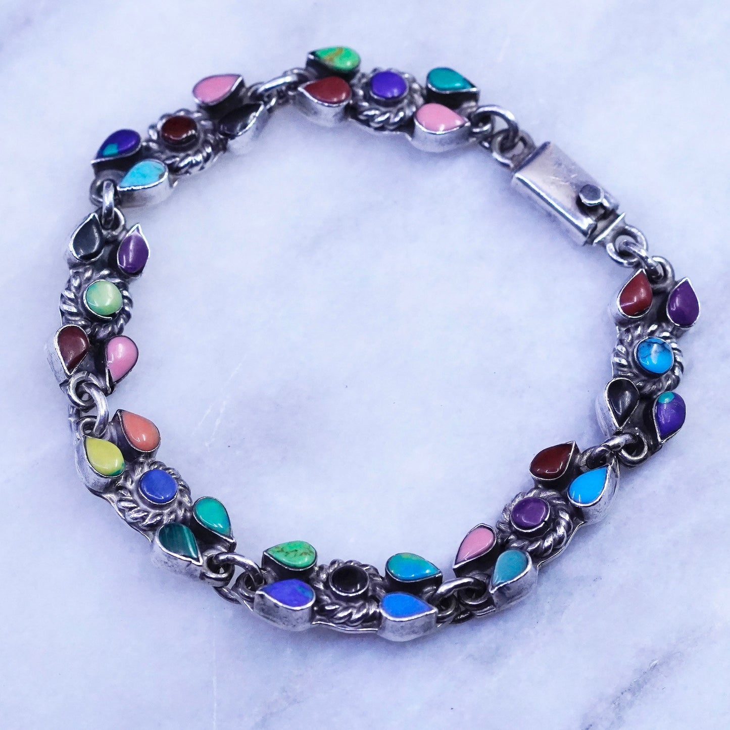 7.75”,vtg Mexico Sterling 925 silver bracelet turquoise malachite onyx lapis