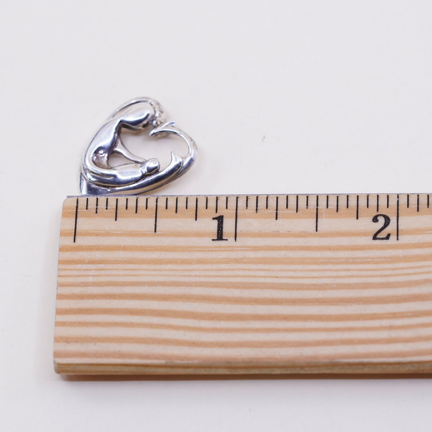 Vintage sterling silver handmade pendant, heart 925 pendant, Mother and baby