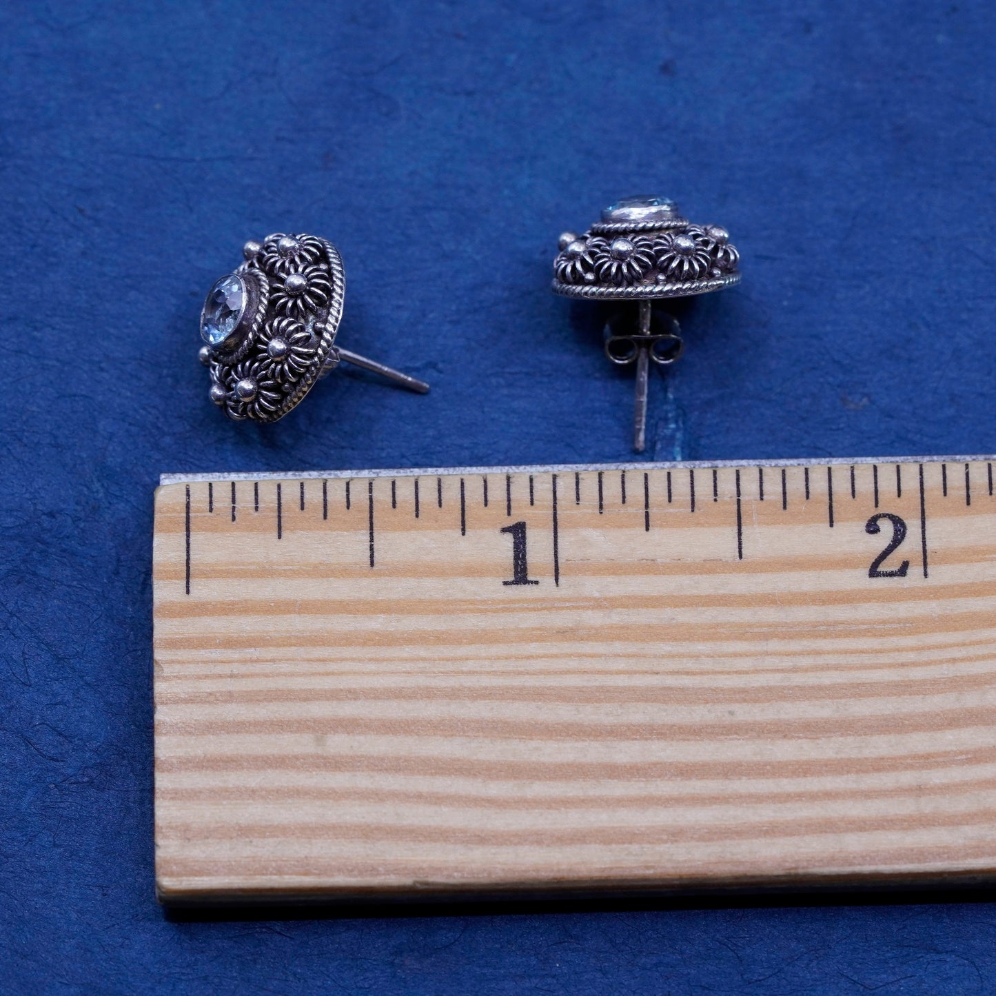 Vintage sterling silver handmade earrings, 925 flower studs with topaz