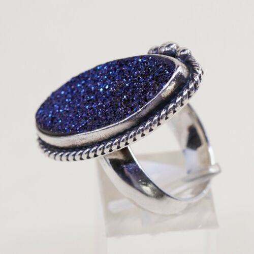 Sz 6, Vtg Sterling 925 Silver Handmade Ring w/ Obsidian Blue Druzy, Stamped