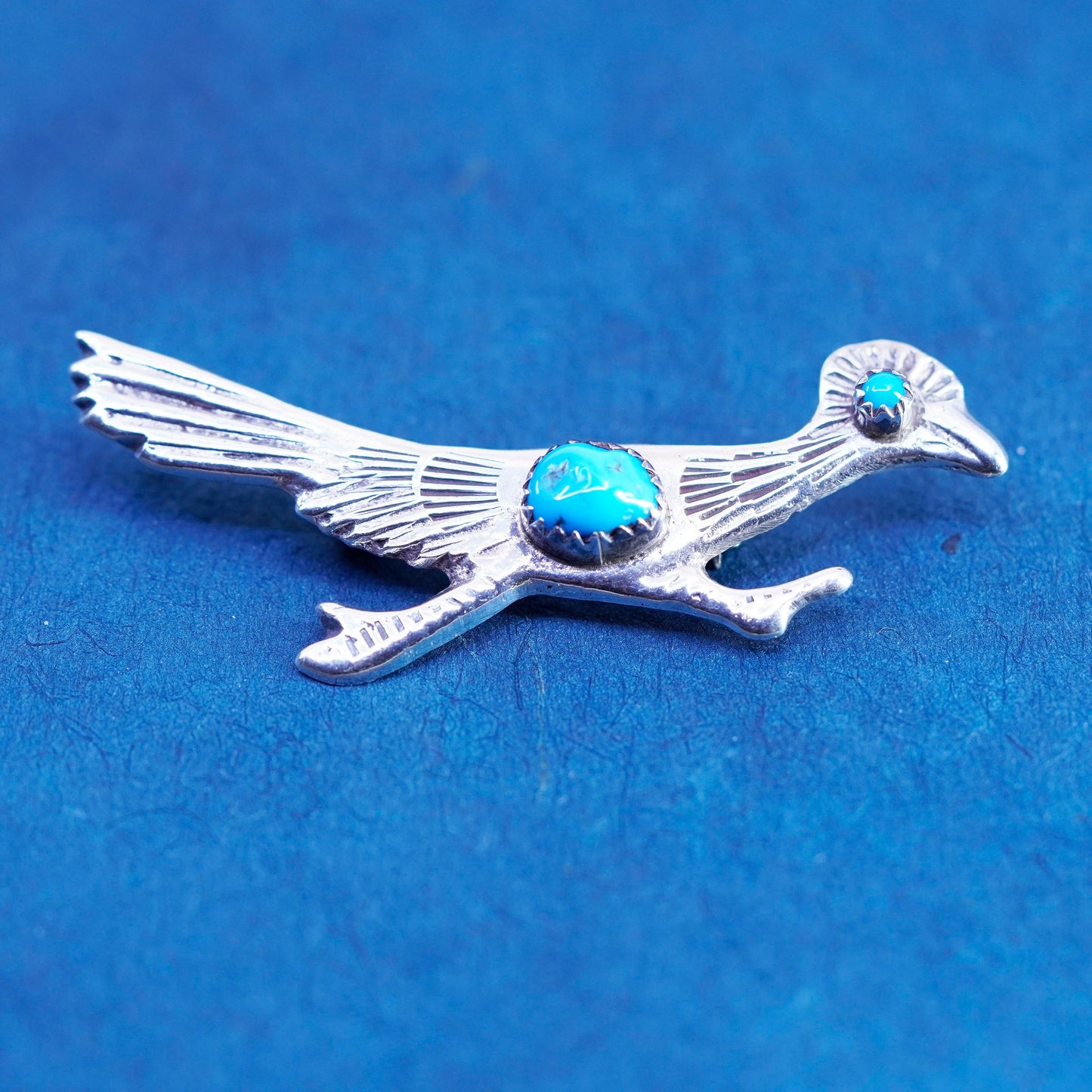 Native American Navajo sterling silver brooch turquoise 925 road runner bird