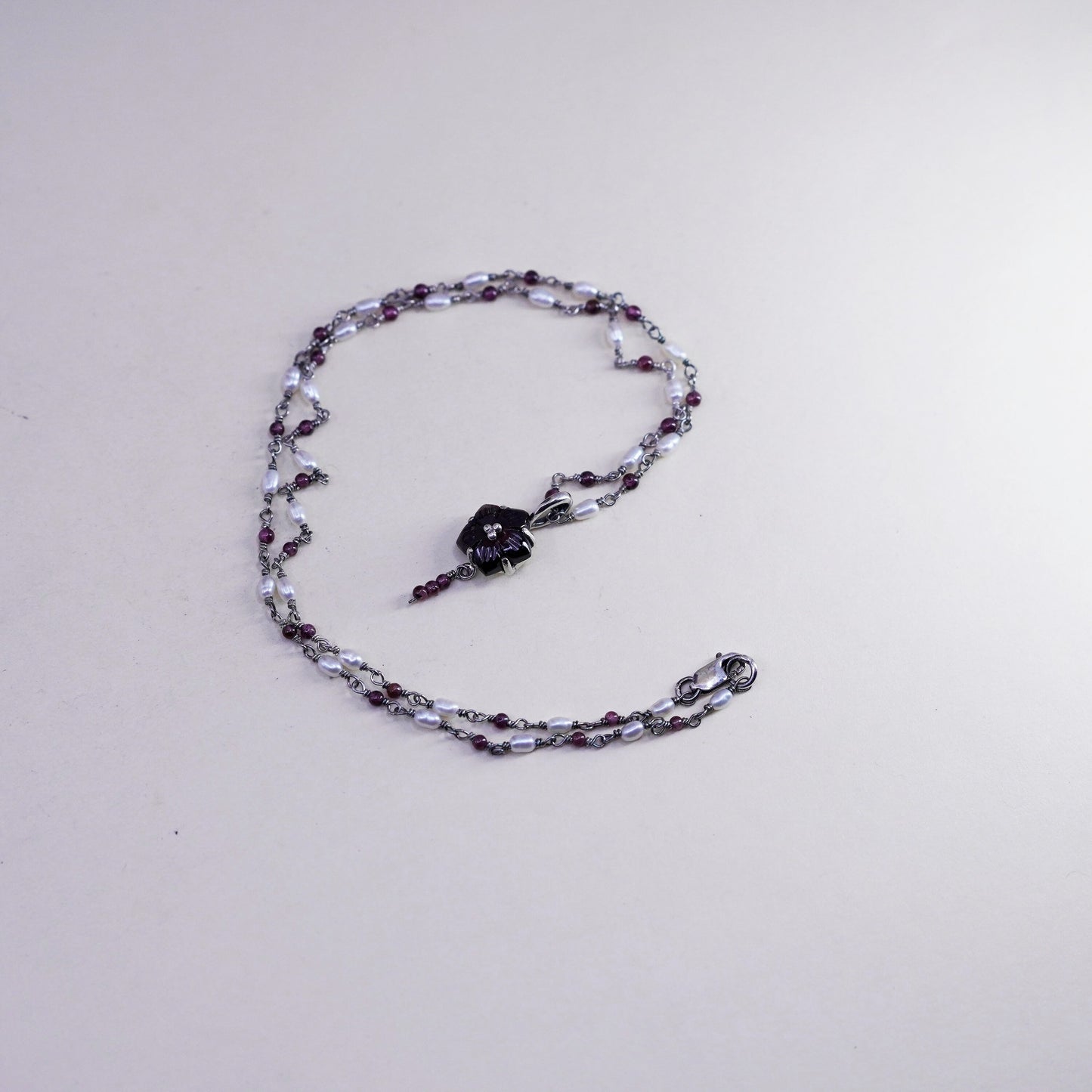 17”, Sterling silver necklace, 925 circle chain w/ garnet flower pendant pearls
