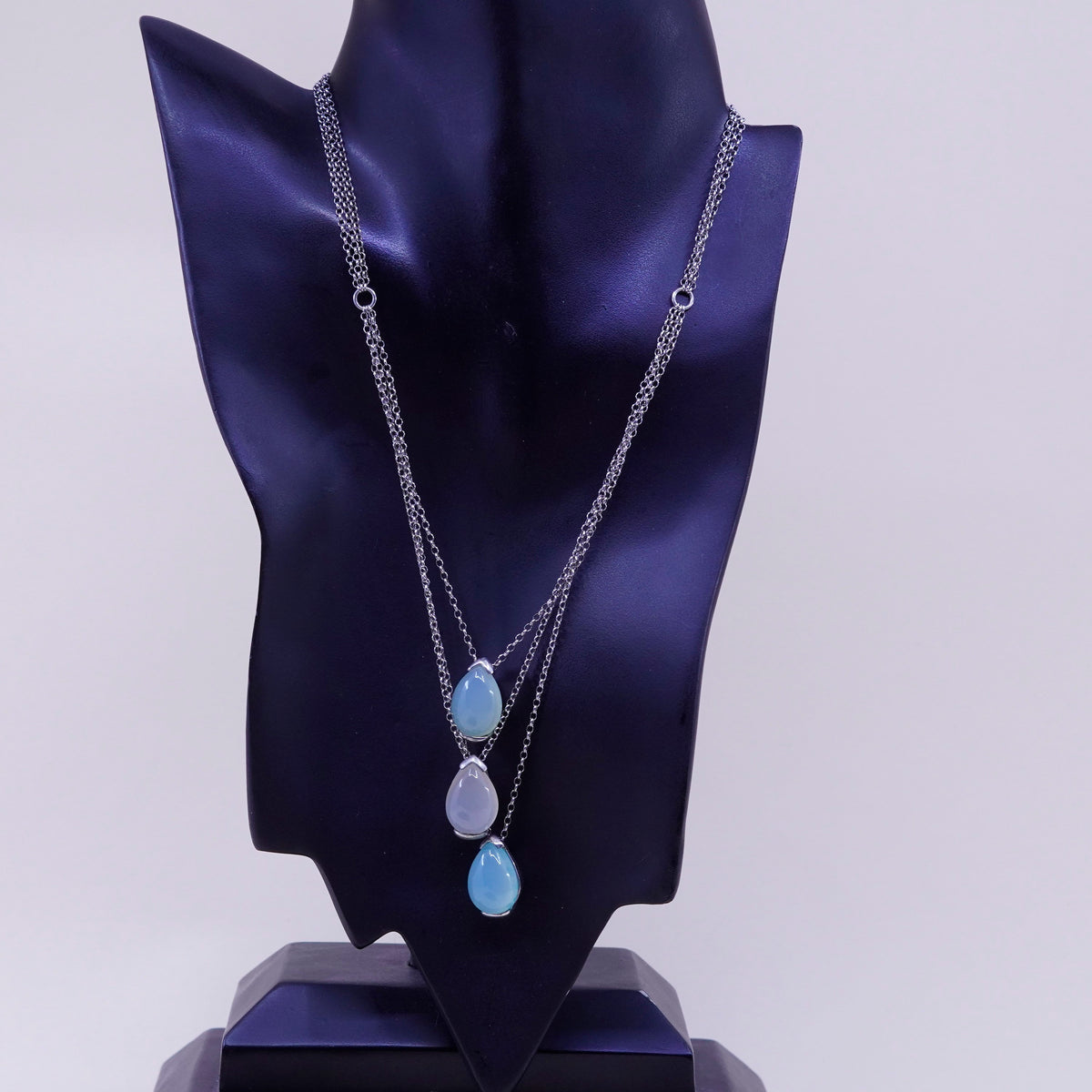 16”, milor sterling silver multi strands necklace, teardrop Chalcedony pendants