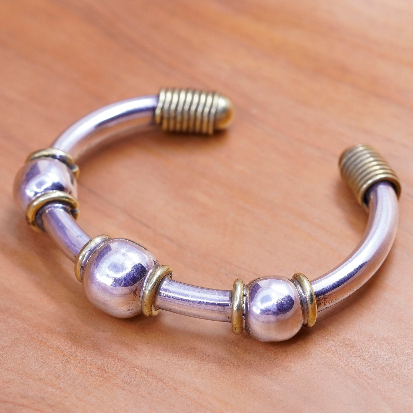 6.25”, Vintage two tone Sterling silver handmade bracelet, 925 cuff brass rope