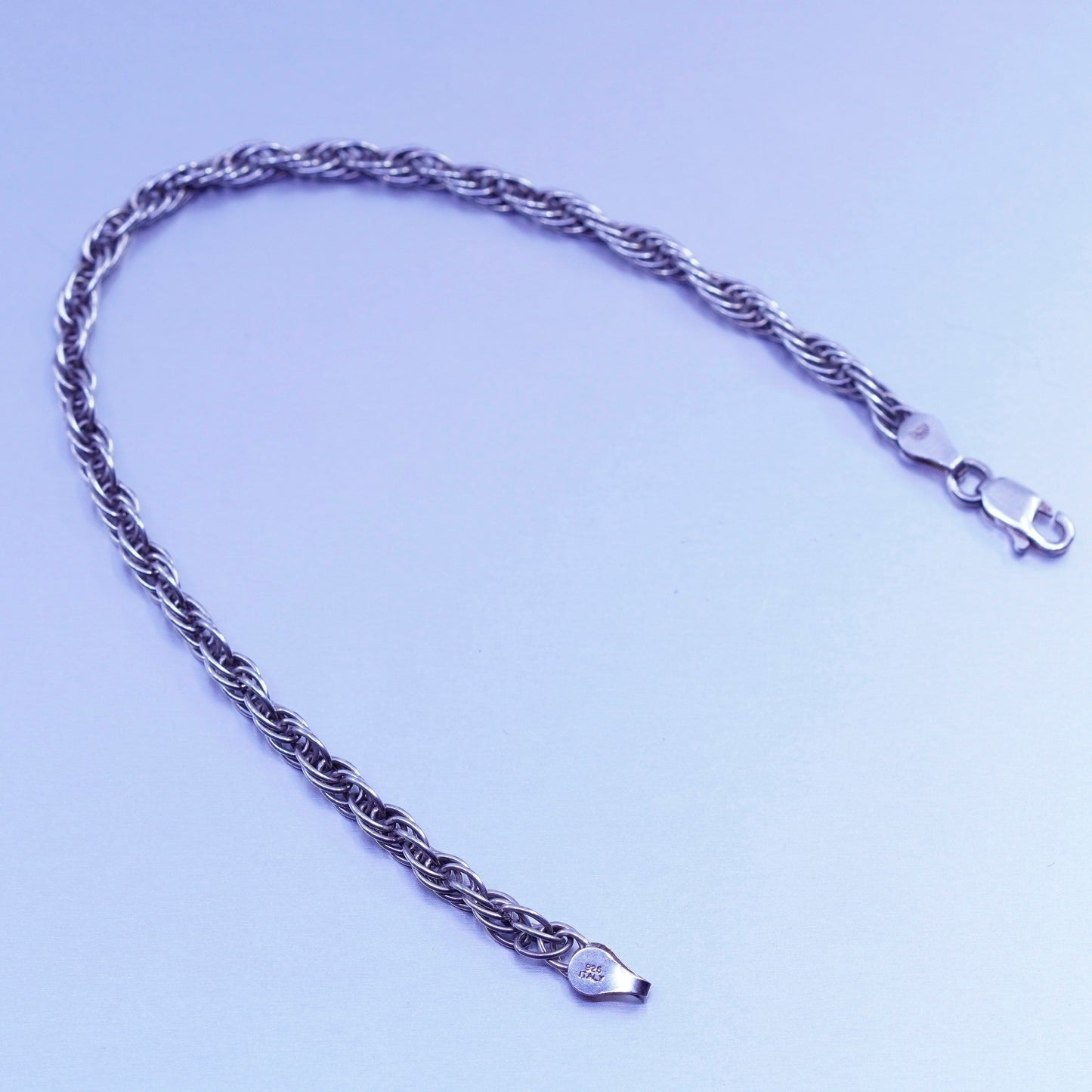 7.25”, 4mm, Vintage Italy Sterling 925 silver handmade bracelet, rope chain