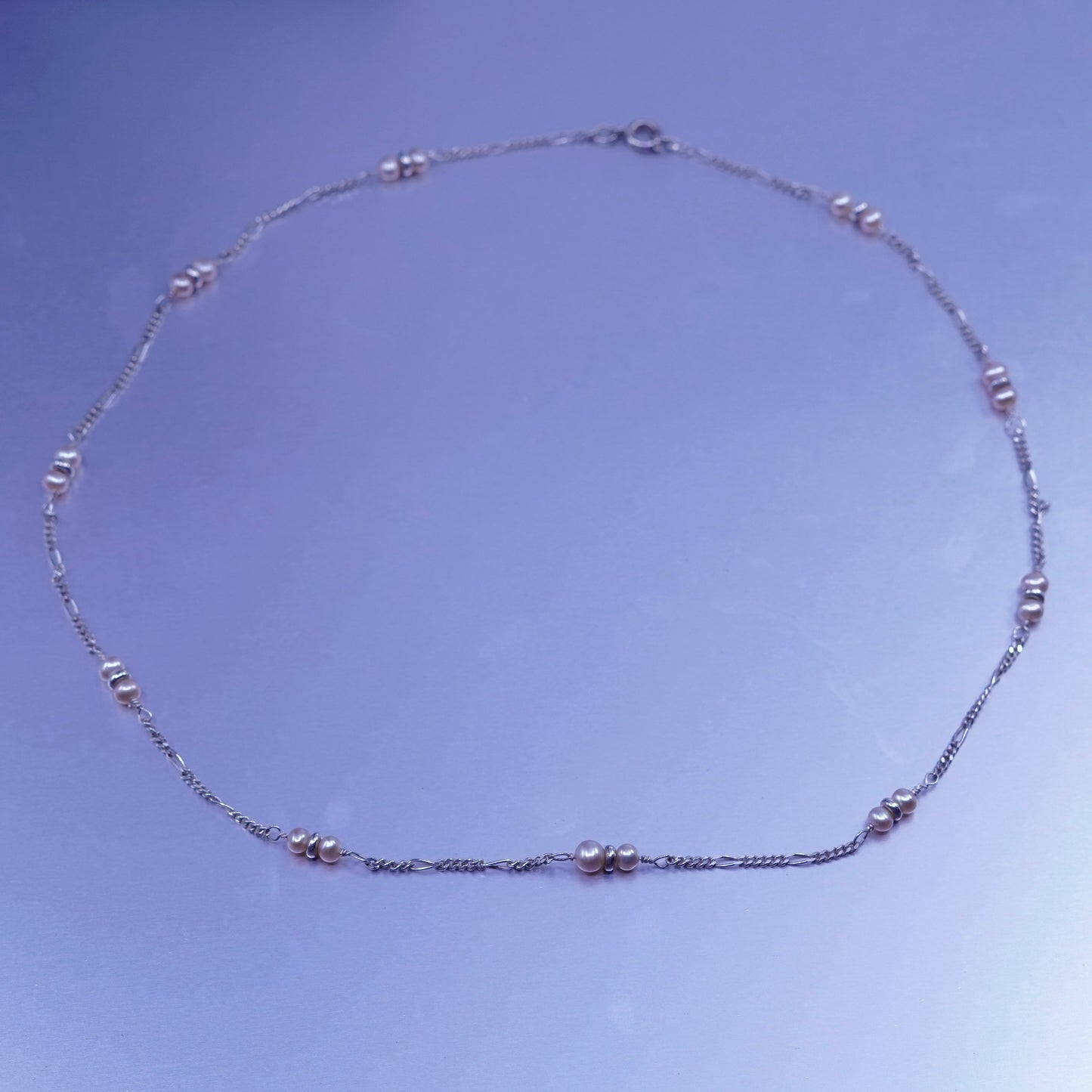18”, Native American Sterling 925 silver handmade figaro necklace pearl beads