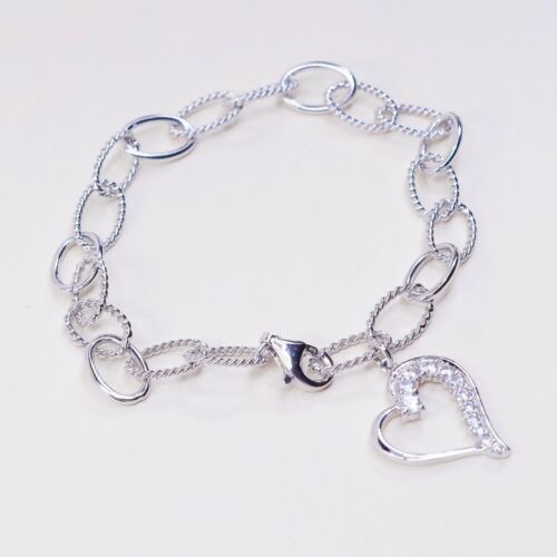 7” Vtg Sterling Silver Handmade Bracelet, 925 Rope Circle W/ Heart Cz Charm