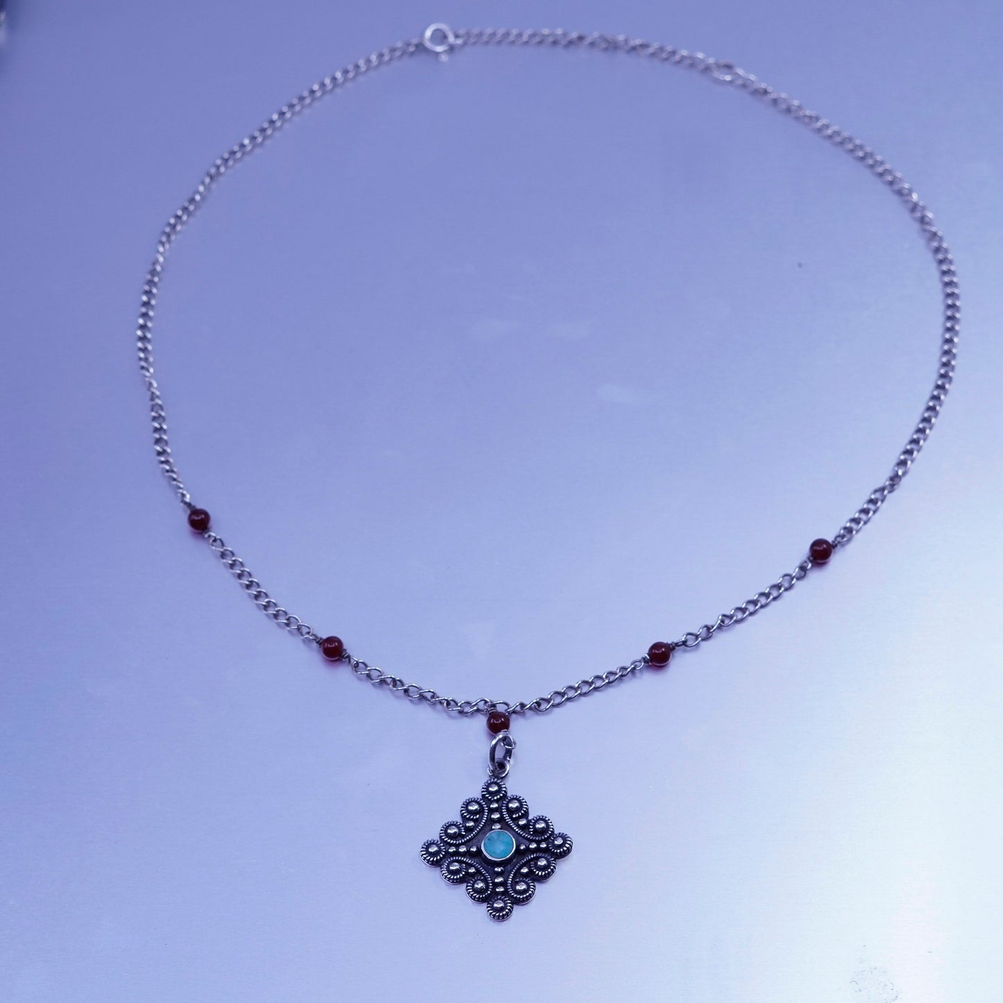 16+2”, native American Sterling 925 silver necklace garnet turquoise pendant
