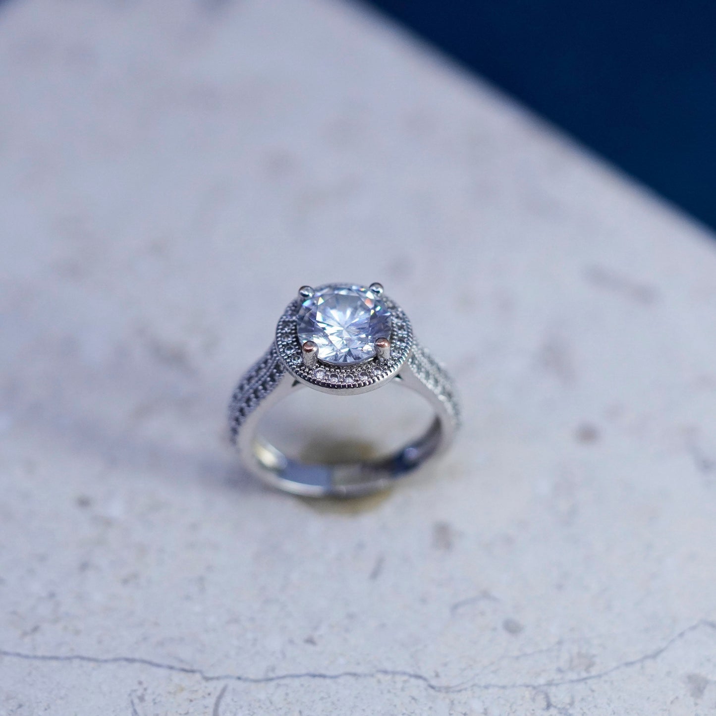 Size 6, vintage Sterling 925 silver engagement ring with cluster Cz around