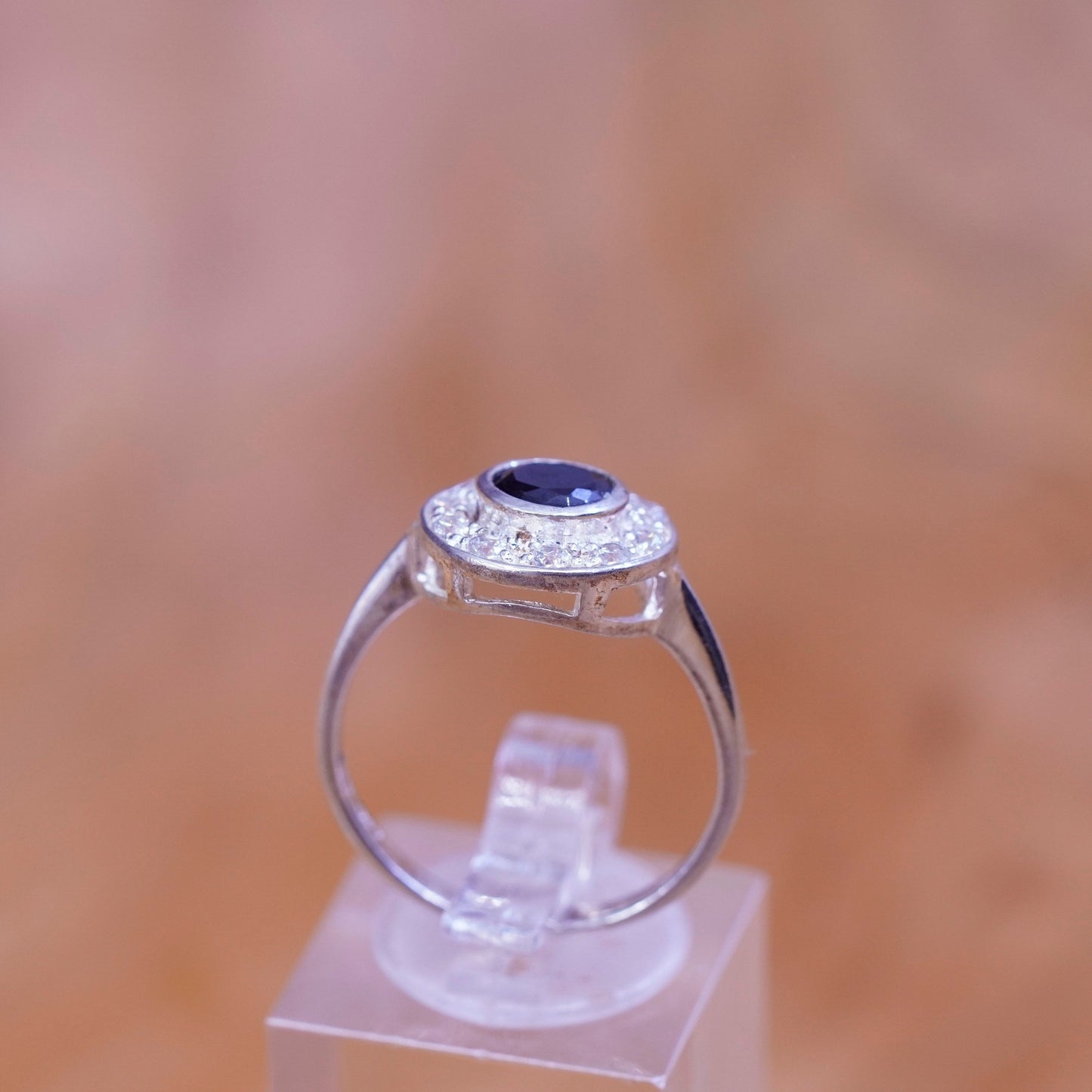 Size 8, Sterling 925 silver shiny engagement ring with sapphire and Cz around