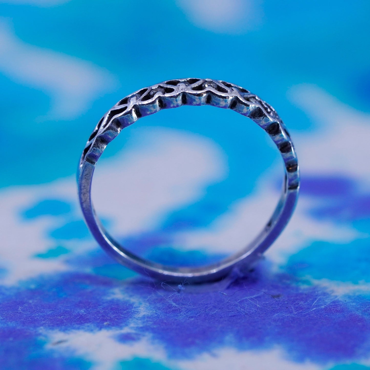Size 9, vintage sterling silver handmade ring, 925 stackable heart band with cz