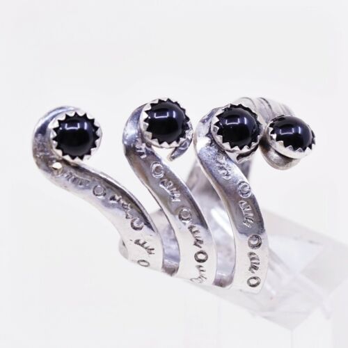 Sz 10 Southwestern Handmade WM Rogers Spoon Ring, Silver Plated Band W Obsidian
