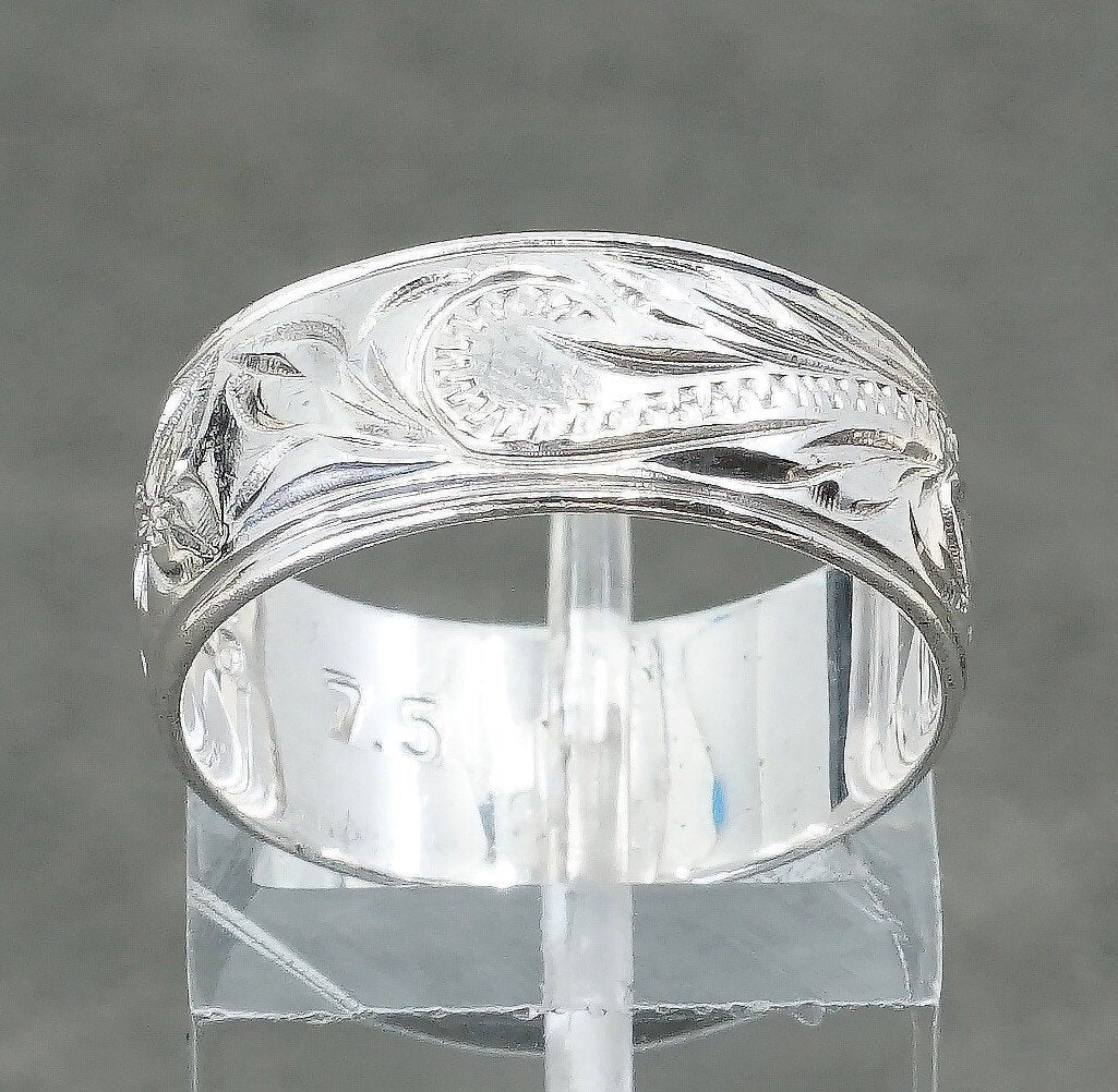 sz 7.5, vtg Sterling silver handmade ring, 925 band with flower engraved