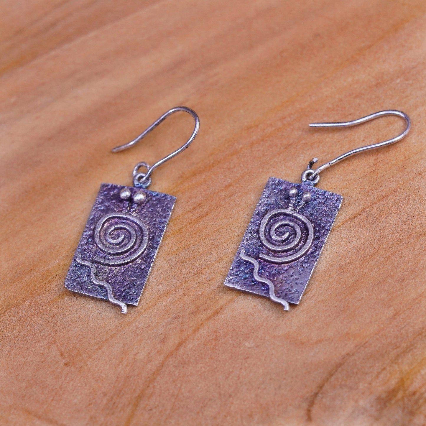Vintage handmade sterling silver earrings, 925 rectangular dangle swirl relief