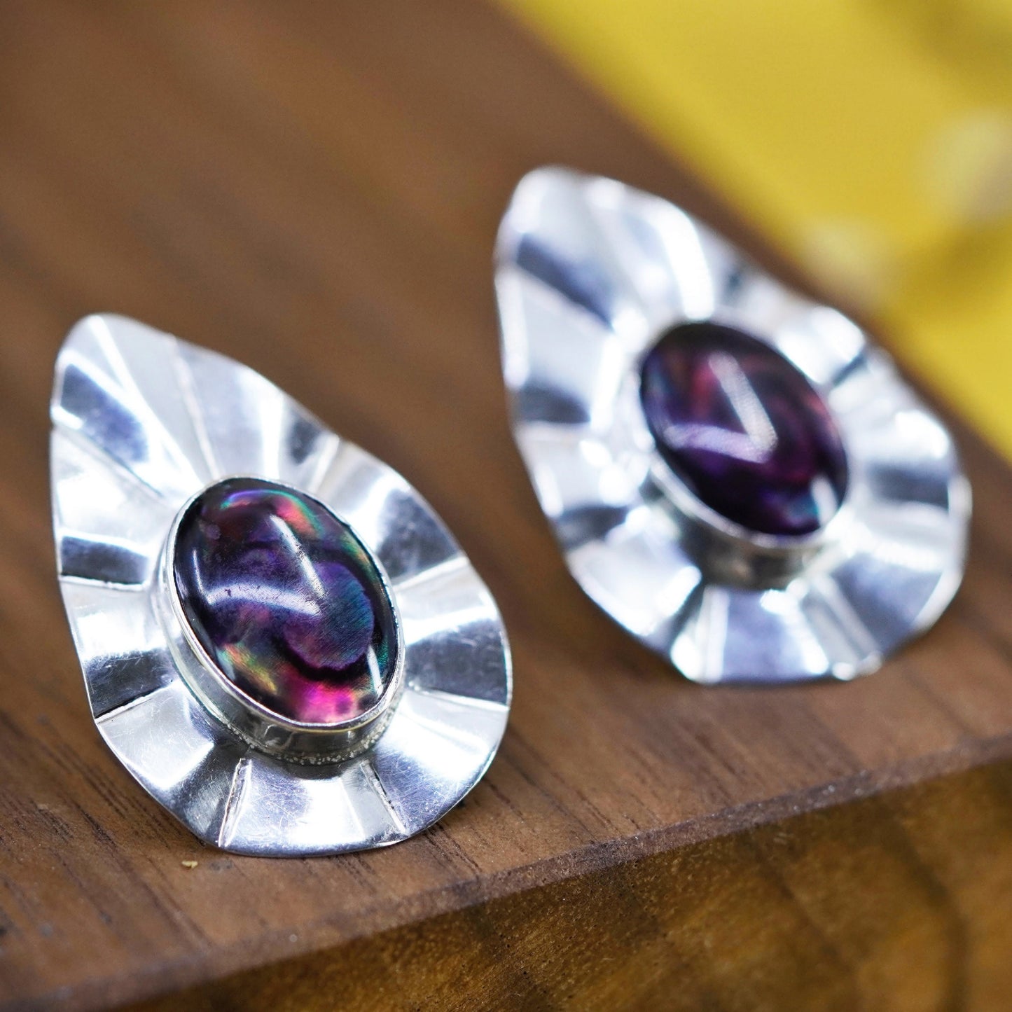 Vintage Sterling Silver Handmade Earrings, teardrop 925 studs with abalone