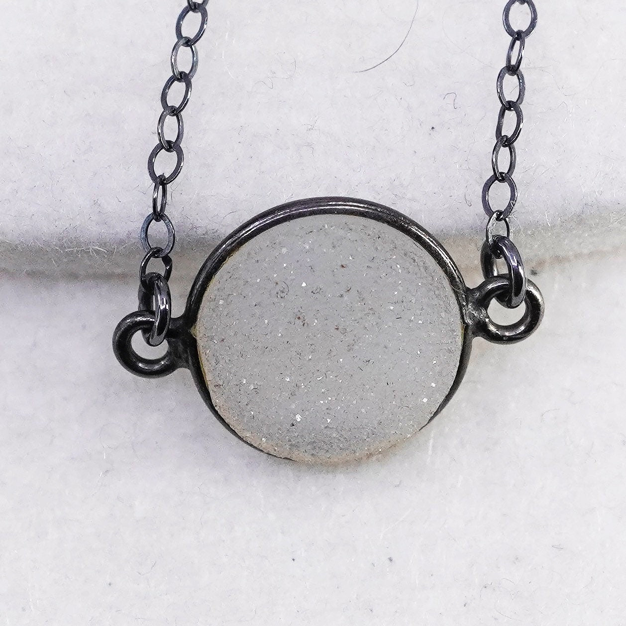 16”, vintage Sterling 925 silver circle chain necklace with white druzy pendant
