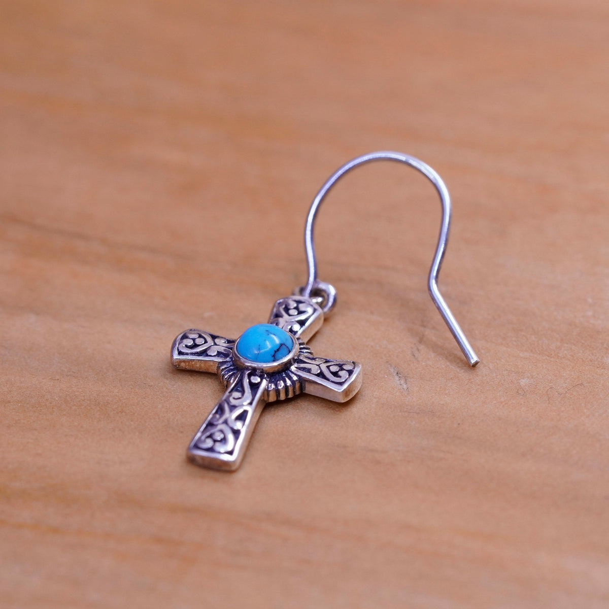 Vintage Sterling silver handmade earrings, 925 Bali cross with turquoise