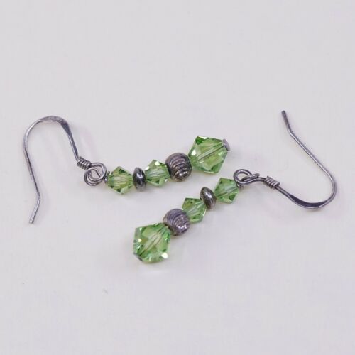 Vtg STERLING 925 SILVER Handmade earrings with Green Crystal dangles