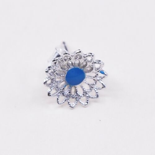 Vintage Sterling Silver Handmade Earrings, 925 Filigree Flower Studs W/ Blue Dot