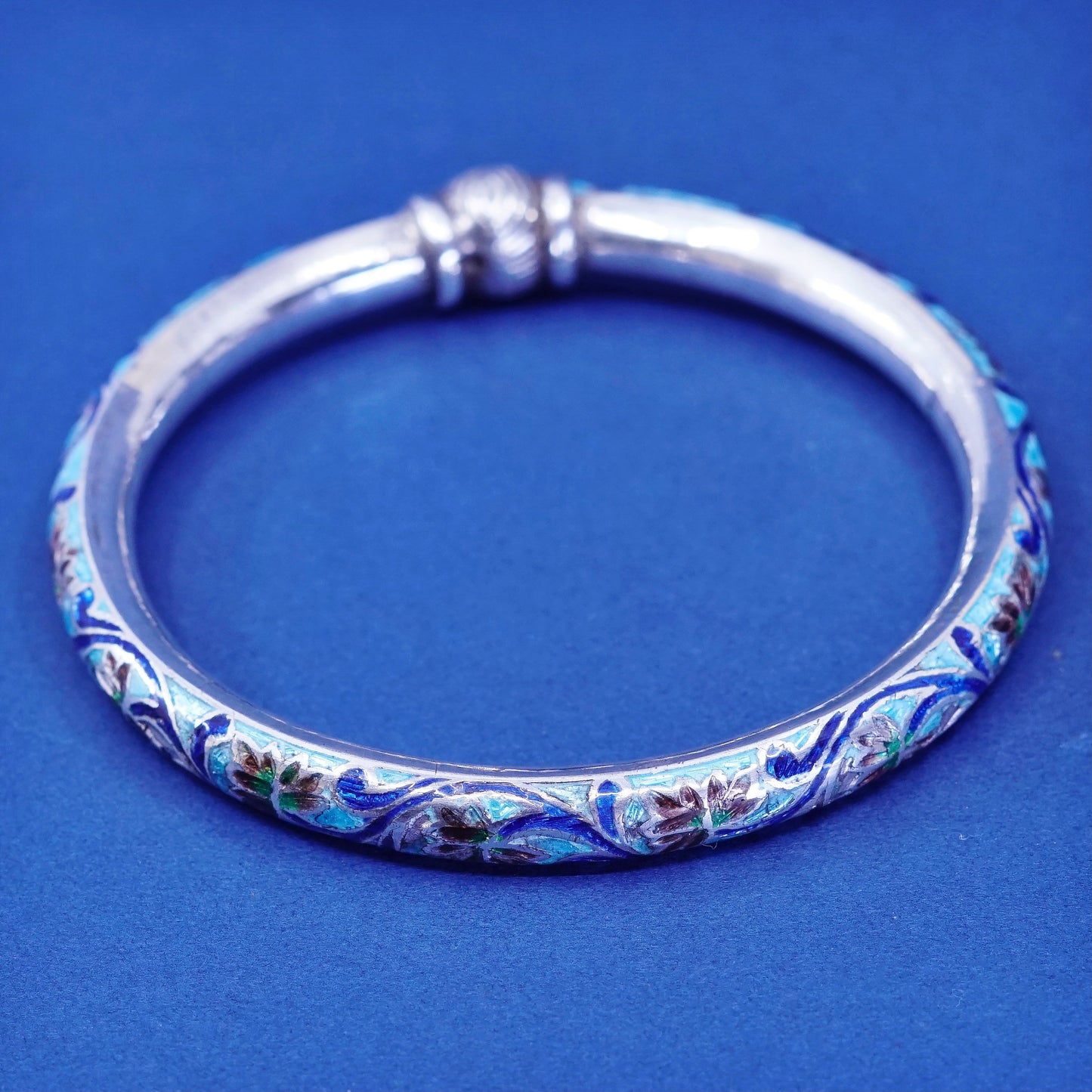 7.25”, Chinese Sterling silver handmade bracelet, 925 bangle blue floral enamel