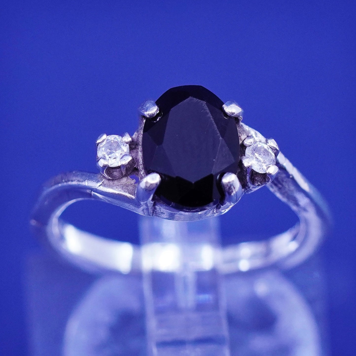 Size 4.75, vintage Sterling 925 silver handmade ring with sapphire and cz