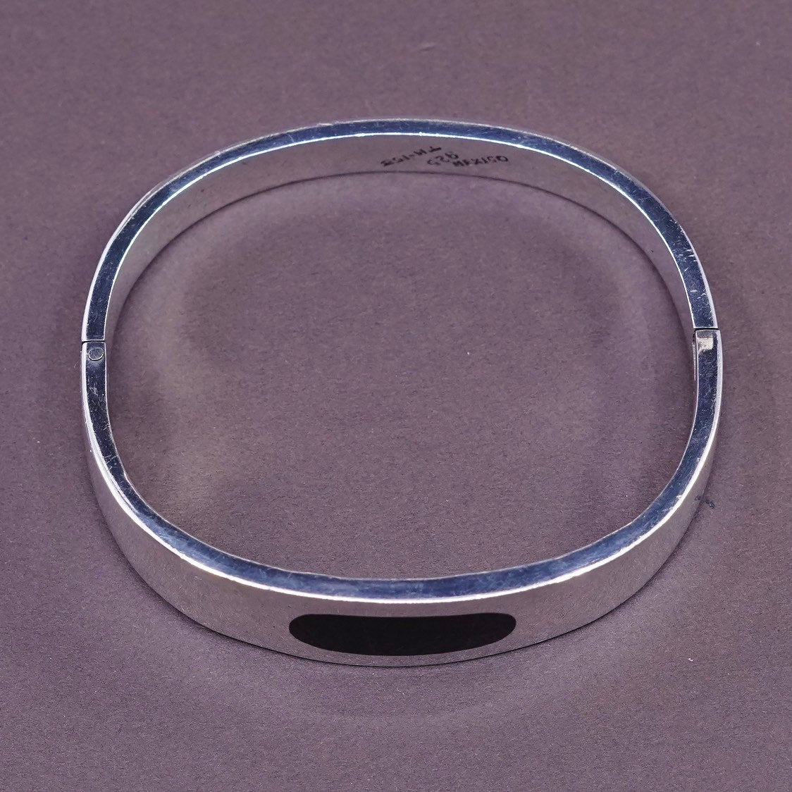 7”, vtg Sterling silver handmade bracelet, mexico 925 hinged bangle w/ obsidian