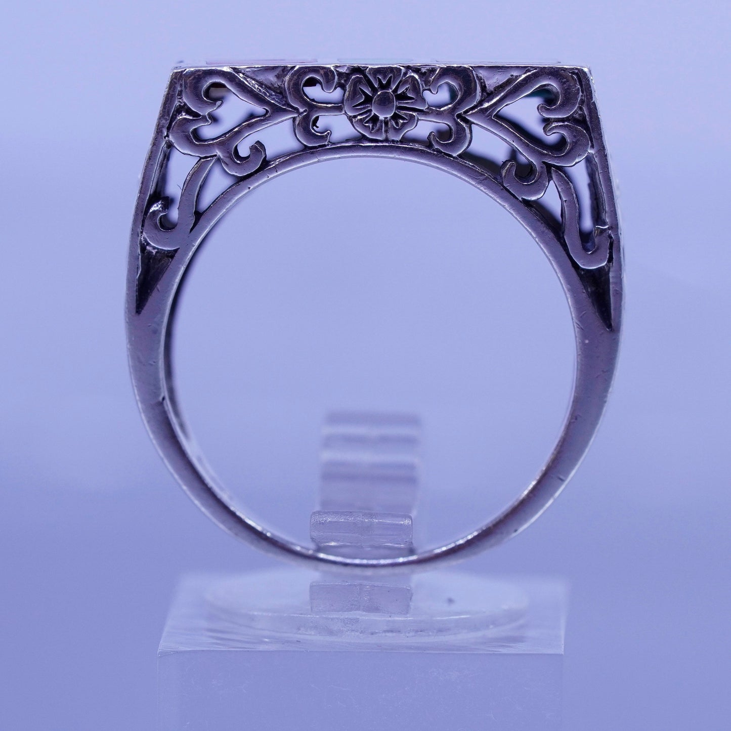 Size 9, vtg Sterling 925 silver handmade ring mother of pearl turquoise onyx