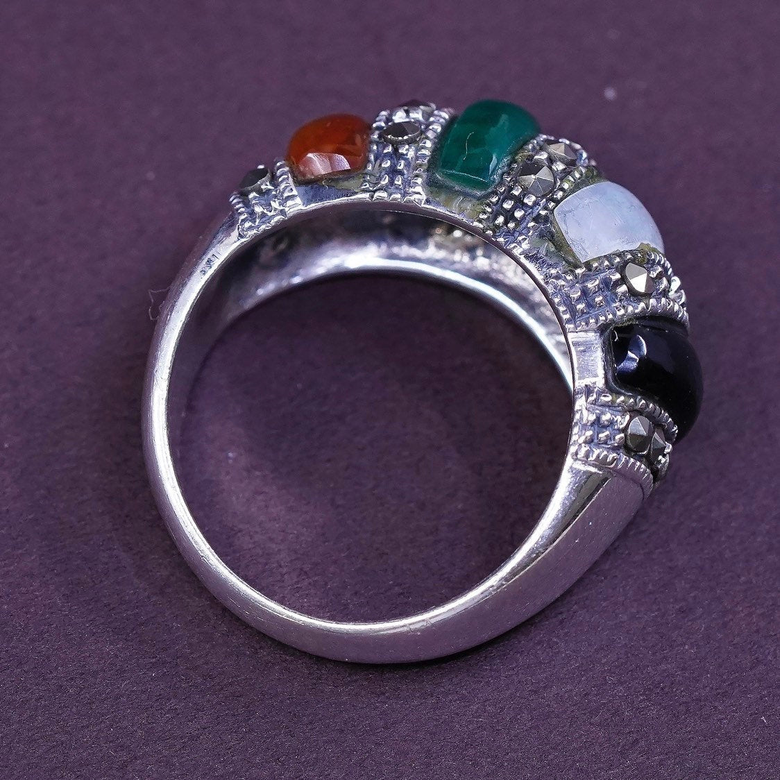 sz 8, Sterling 925 silver handmade ring w/ jade Obsidian Carnelian N Marcasite