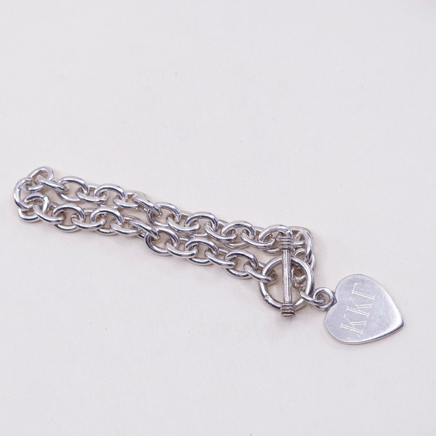 6.75”, sterling silver circle bracelet, 925 chain w/ heart charm monogram KKT