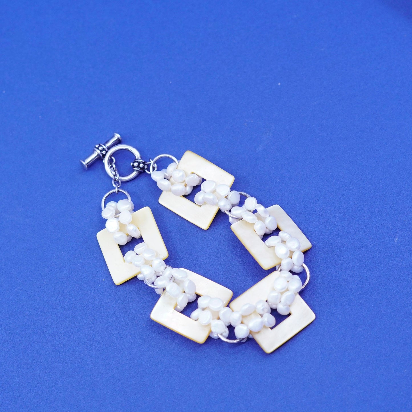 6.75”, sterling silver handmade bracelet, cluster pearl beads mother of pearl