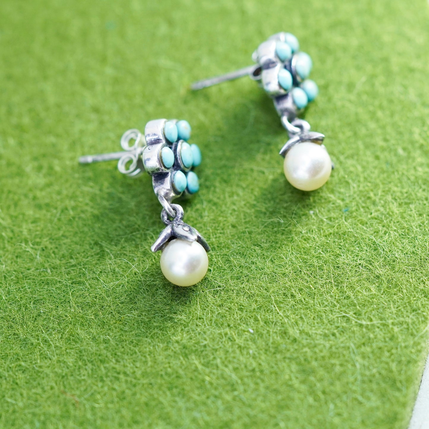 Native American Sterling 925 Silver Handmade flower earrings turquoise pearl cz