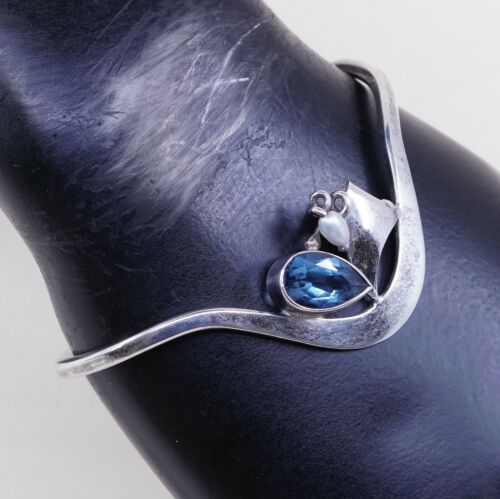 6”, Vtg Sam Sonly sterling 925 Silver cuff Bracelet W/ Pearl N Teardrop Topaz