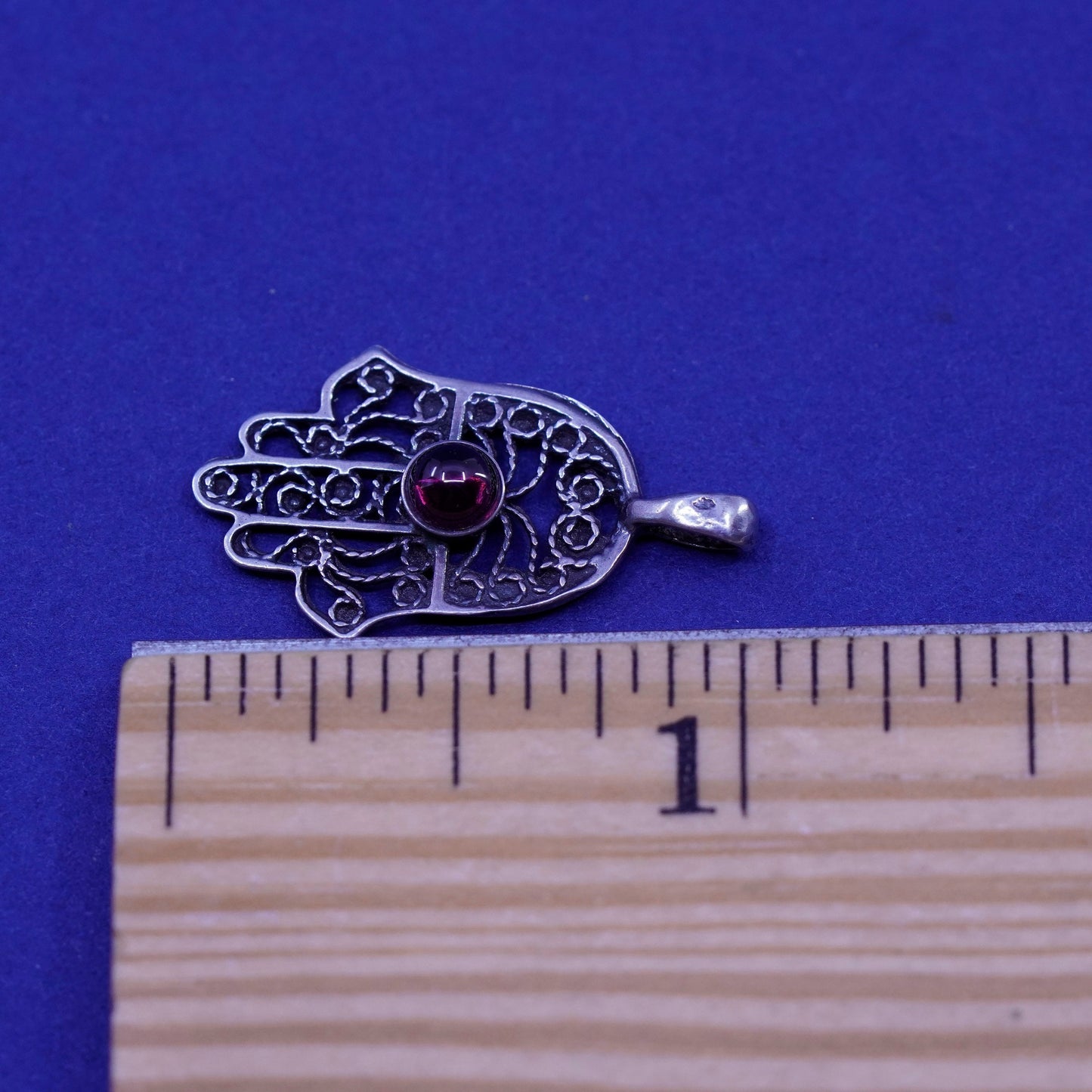 Vintage Sterling silver handmade pendant, 925 filigree hand with garnet