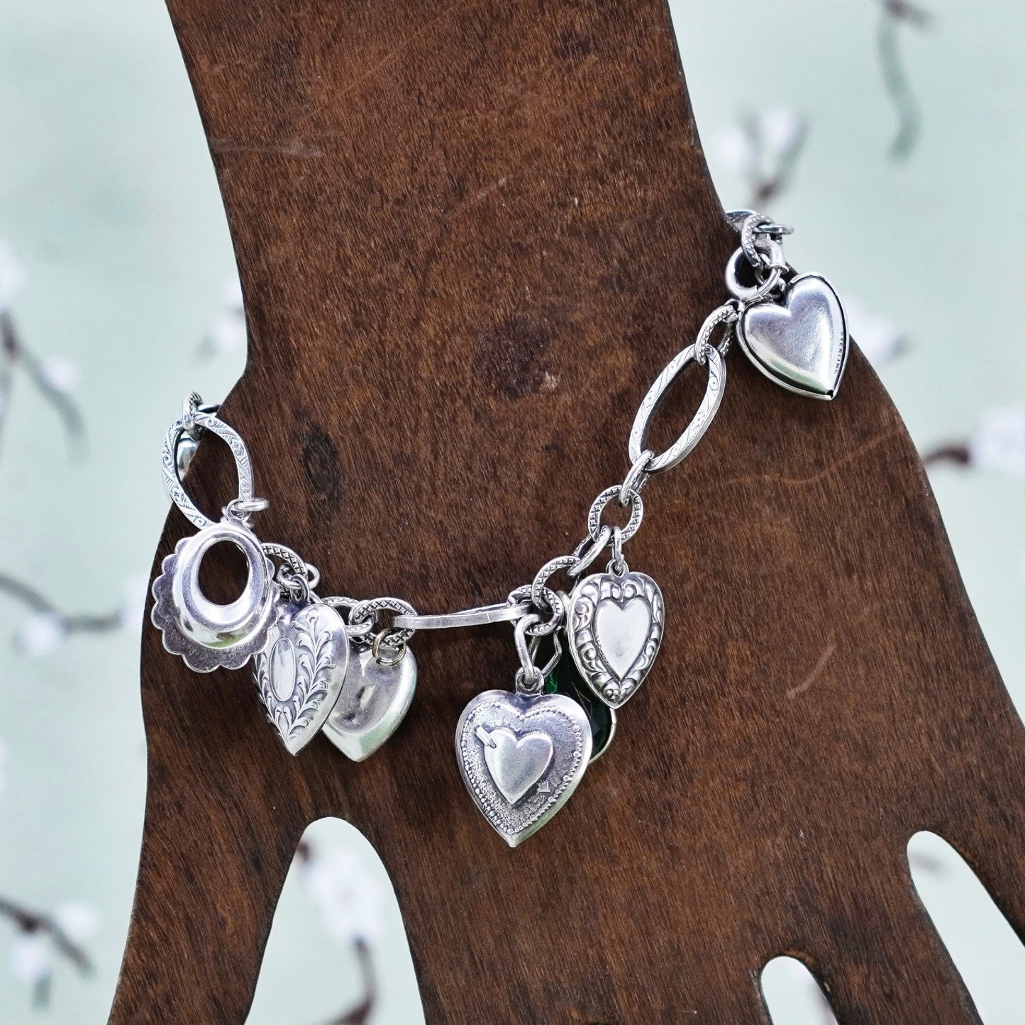 6.75”, B. A. Ballou & Co. 925 sterling silver oval bracelet heart charms