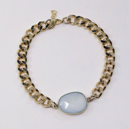 6.75+1”, Vermeil Gold Over Sterling Silver Bracelet, 925 Curb Chain W Chalcedony