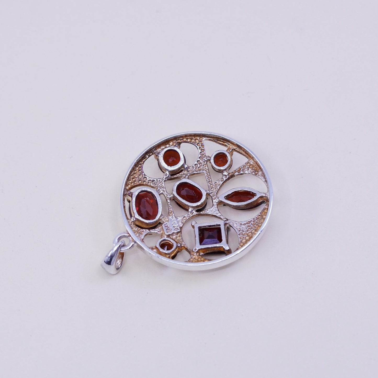 Vintage sterling silver handmade pendant, modern 925 circle with ruby