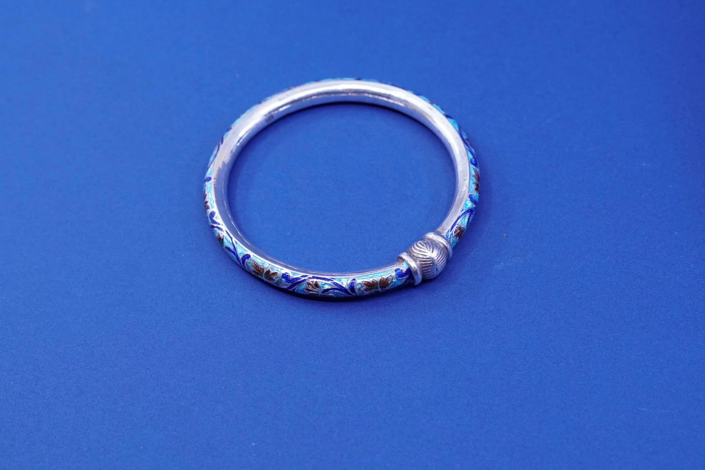 7.25”, Chinese Sterling silver handmade bracelet, 925 bangle blue floral enamel