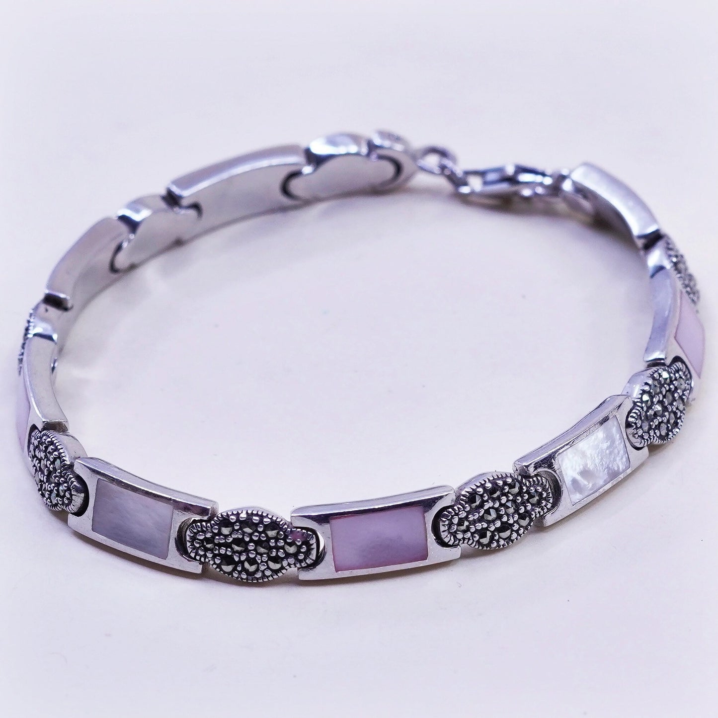 7.5”, sterling 925 silver handmade tennis bracelet mother of pearl marcasite