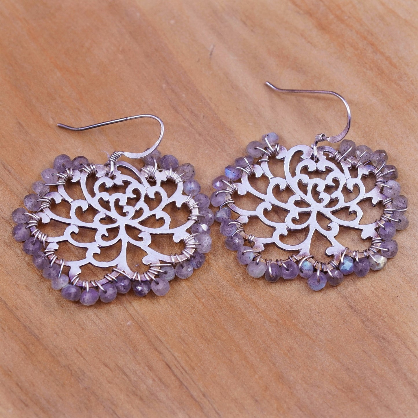 Vintage Sterling 925 silver handmade flower earrings with cluster moonstone