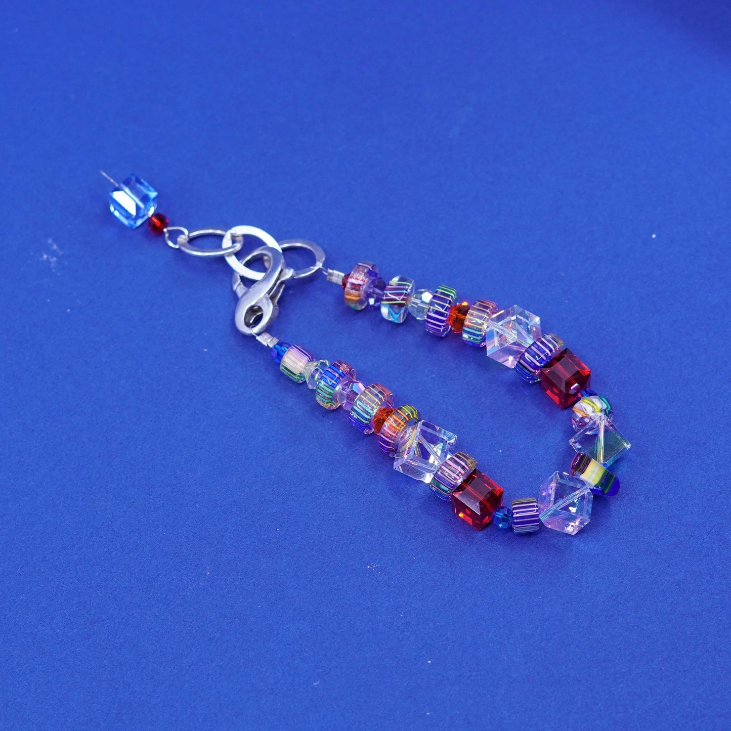 5.75+1”, Vintage handmade sterling silver bracelet with crystal and glass beads
