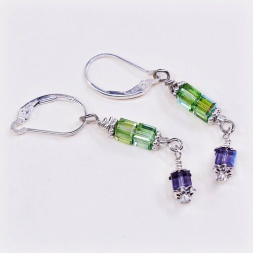 Vtg STERLING 925 SILVER Handmade earrings with Green Crystal dangles