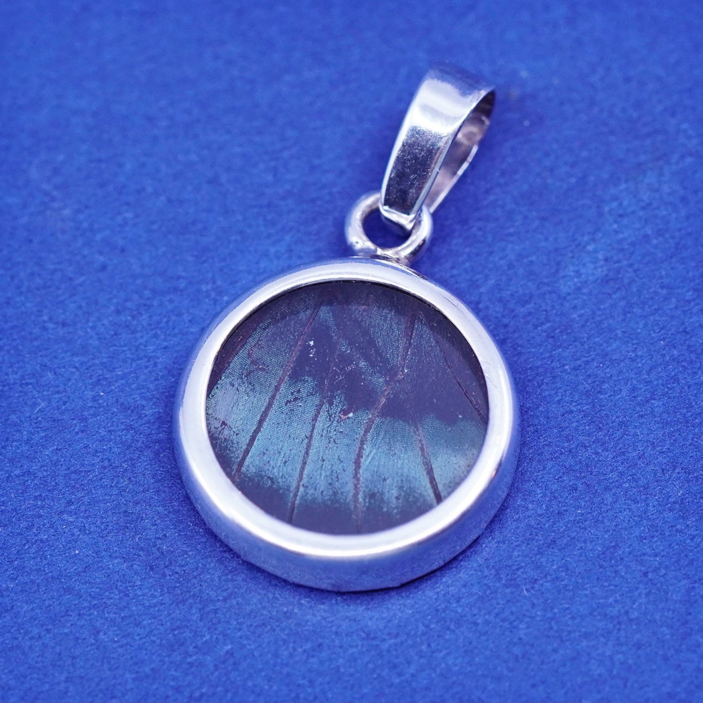 Vintage Sterling 925 silver handmade round pendant w/ resin blue butterfly wing